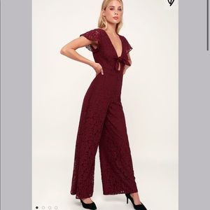 Wine Red Lace Tie-Front Short Sleeve Jumpsuit